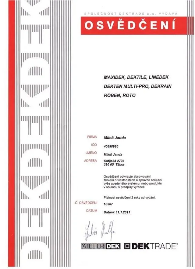 Sken certifikátu DEK TRADE o&nbsp;proškolení ve skladbách DEKTILE, LINEDEK, DEKTEN a&nbsp;DEKRAN