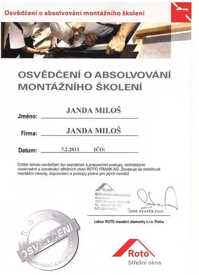 Sken osvědčení o&nbsp;montážním školení Roto ze 7. 2. 2011
