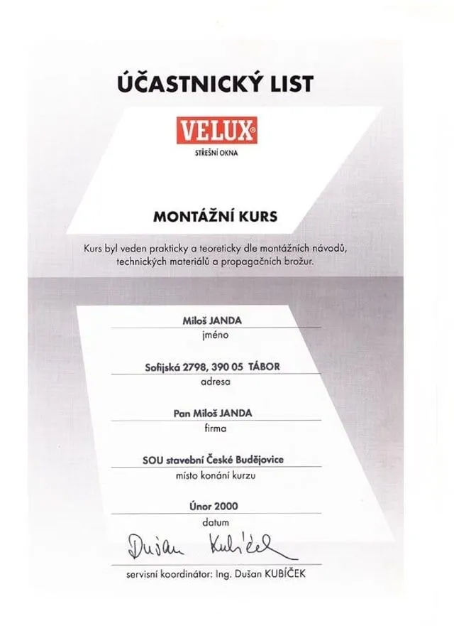 Sken účastnického listu montážního kurzu Velux, SOU České Budějovice 2000