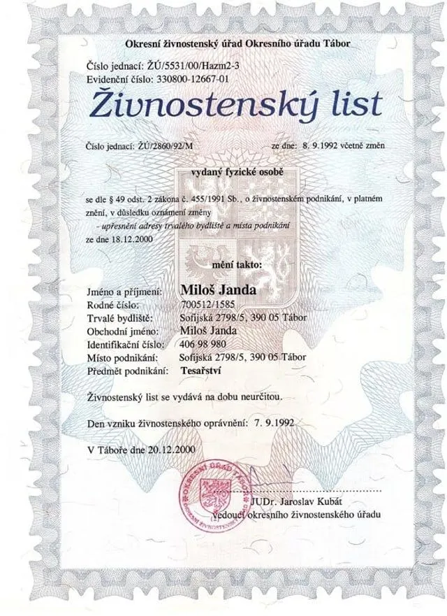 Sken živnostenského listu vydaného Okresním živnostenským úřadem Tábor